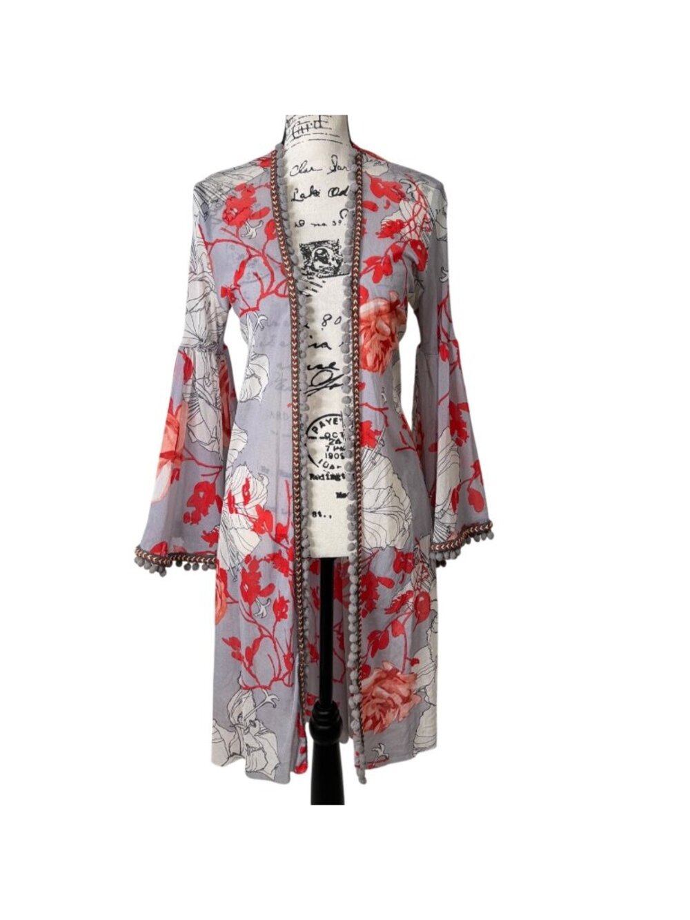 Petit Pois Viviana G Womens Size XS Valentines Kimono Pompoms Floral Sheer Artsy